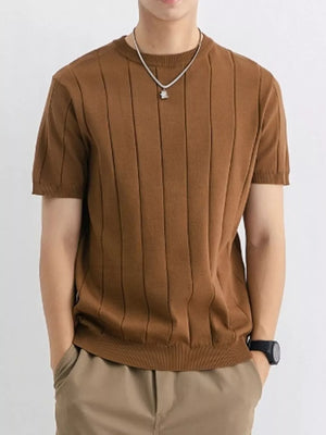 Men's brown ribbed crew neck tee with vertical stripes, short sleeves.