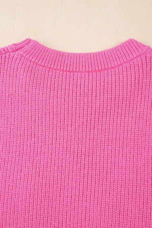 Fuchsia pink ribbed knit vest with crew neck detail