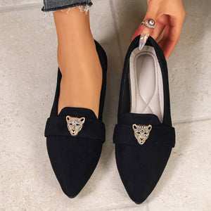 Black point toe slip-on flats with leopard head embellishment