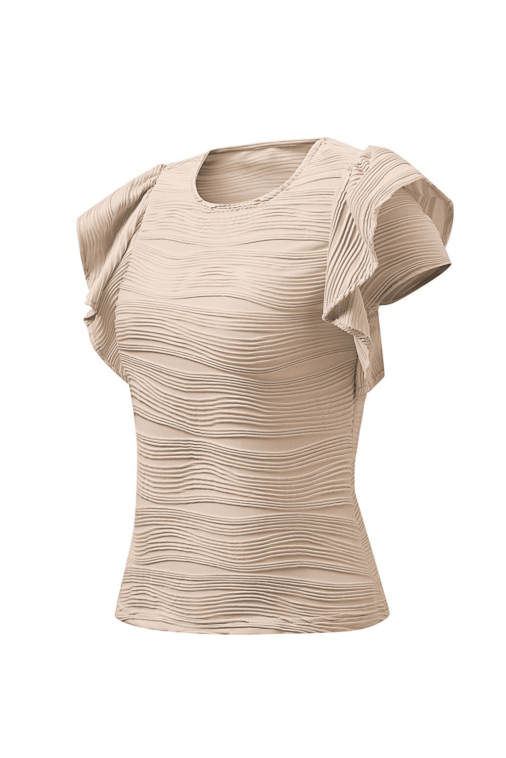 Textured ruffle sleeve bodysuit in eggshell with a ribbed wave pattern.
