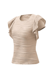 Textured ruffle sleeve bodysuit in eggshell with a ribbed wave pattern.