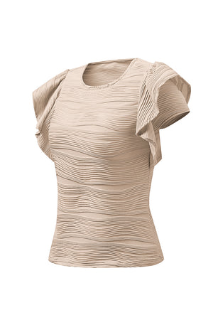 Textured ruffle sleeve bodysuit in eggshell with a ribbed wave pattern.