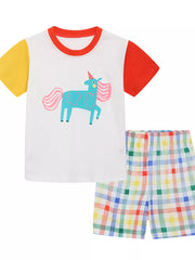 Toddler unicorn graphic t-shirt set with color block sleeves and plaid shorts.
