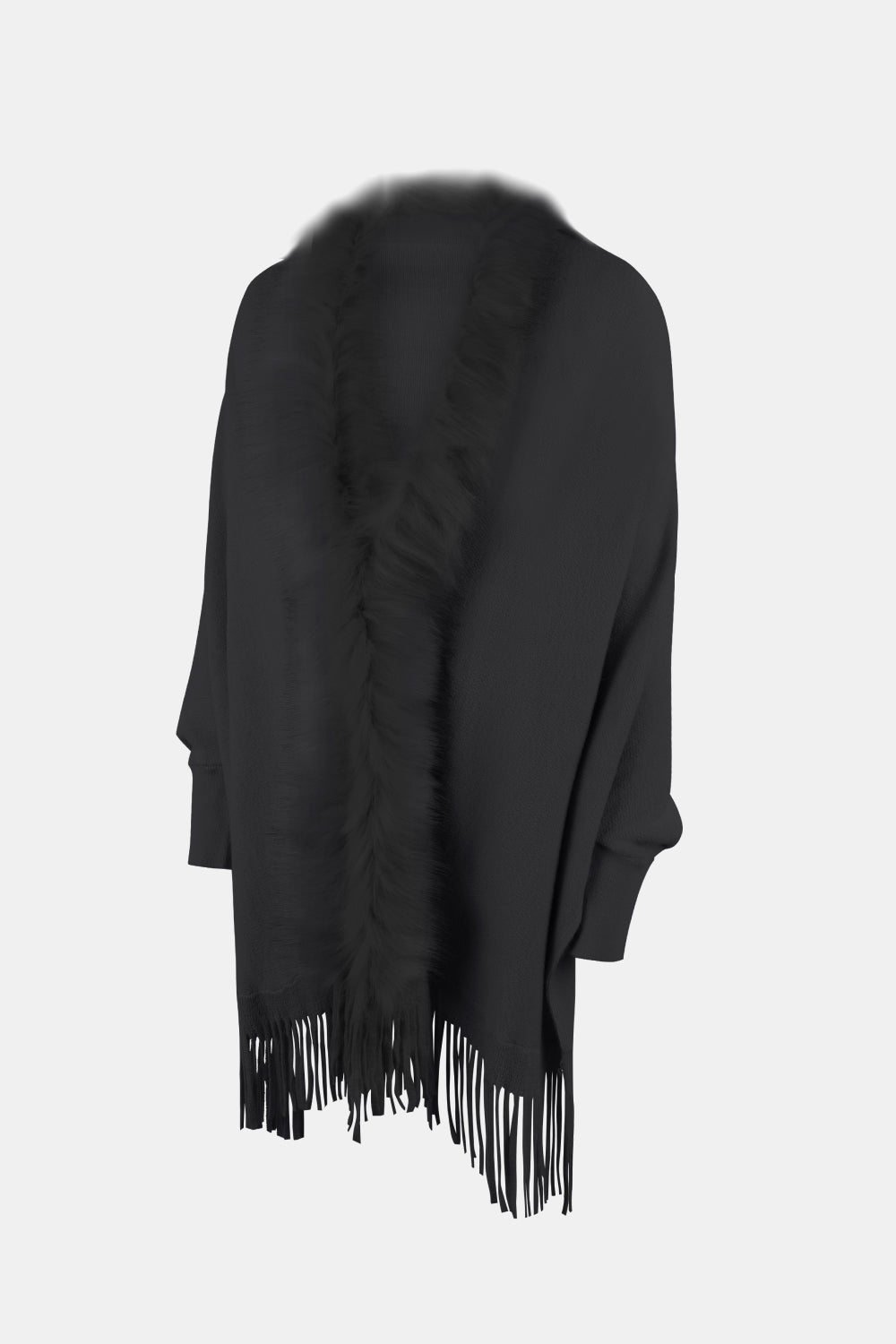 Black faux fur trimmed fringe cape with long sleeves and a boho style.