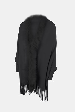 Black faux fur trimmed fringe cape with long sleeves and a boho style.