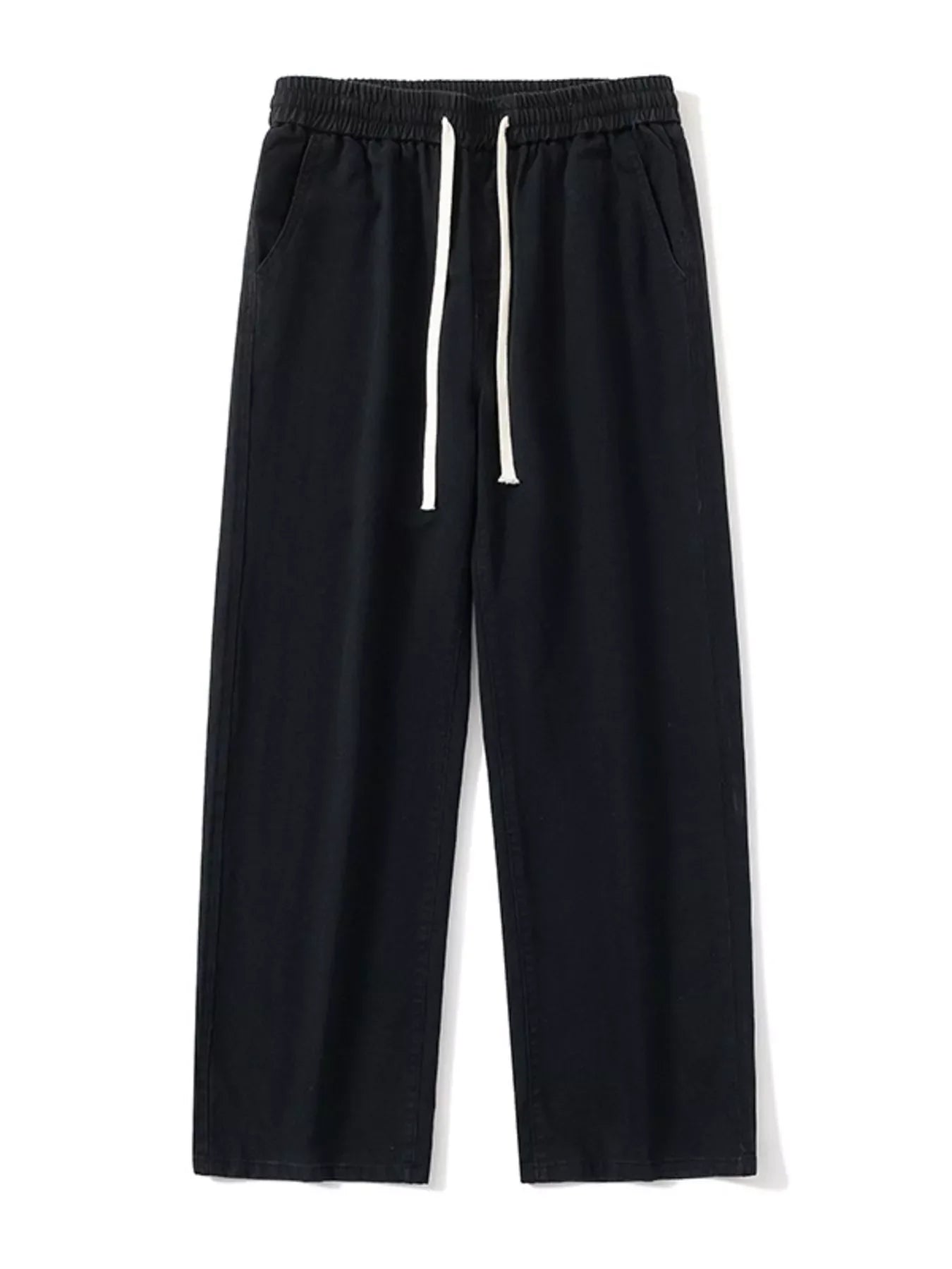 Black relaxed fit drawstring pants with elastic waist and white drawcords.