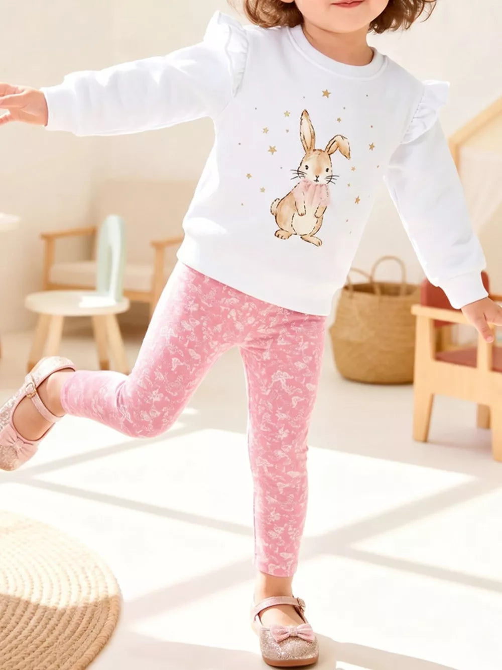 Children's Bunny Graphic Sweatshirt And Leggings Set in White, front view