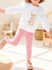 Children's Bunny Graphic Sweatshirt And Leggings Set in White, front view