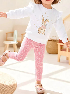 Children's Bunny Graphic Sweatshirt And Leggings Set in White, front view
