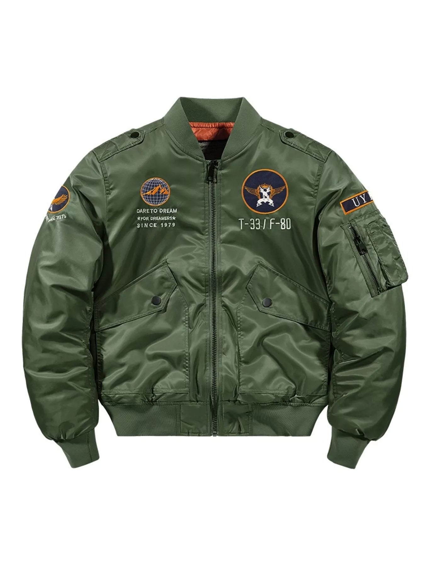 Men's Army Green Zip Up Bomber Jacket with patches and embroidered details