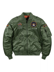 Men's Army Green Zip Up Bomber Jacket with patches and embroidered details