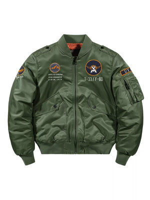 Men's Army Green Zip Up Bomber Jacket with patches and embroidered details