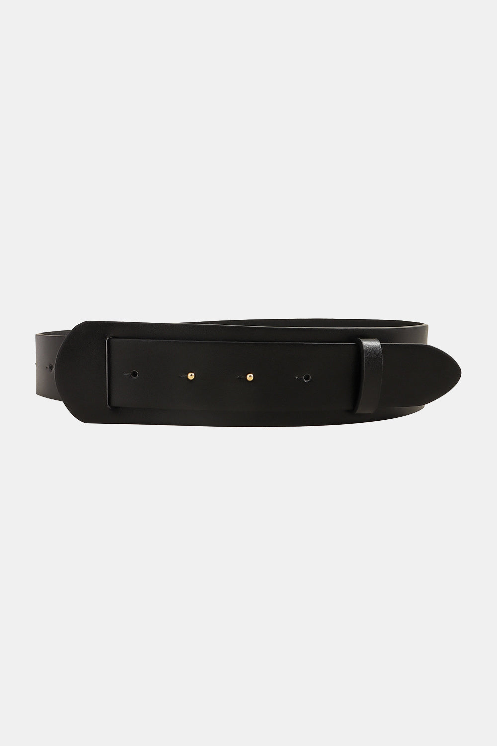 Black leather wide belt with adjustable buckle and gold-tone studs