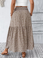 Tiered maxi skirt in mocha with a white floral print and smocked waist