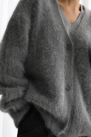 Dark gray angora button cardigan with sculpted sleeves and V-neck