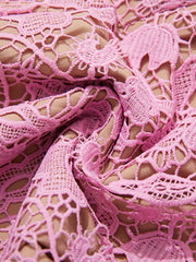 Pink lace midi dress with intricate floral detail and nude lining.