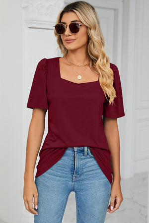 Burgundy tee with square neckline and sculpted short sleeves.