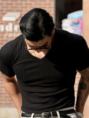 Black ribbed slim-fit V-neck t-shirt with short sleeves.