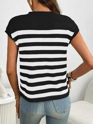 Black and white striped knit t-shirt with short sleeves and a pocket detail.