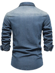 Denim western shirt in Peacock Blue with vertical white stripes, buttoned cuffs, and collar.