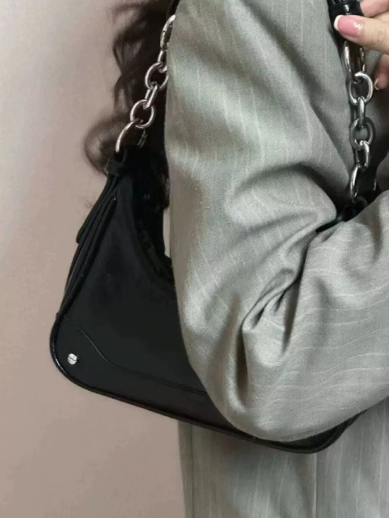 Black mini PU leather shoulder bag with silver chain strap