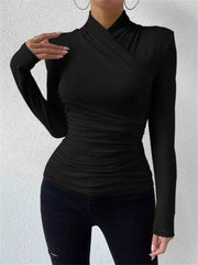 Ruched Long Sleeve Slim Fit Top in Black, fit detail