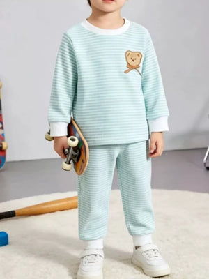 Children's Bear Striped Top And Pants Set in Light Blue, front view