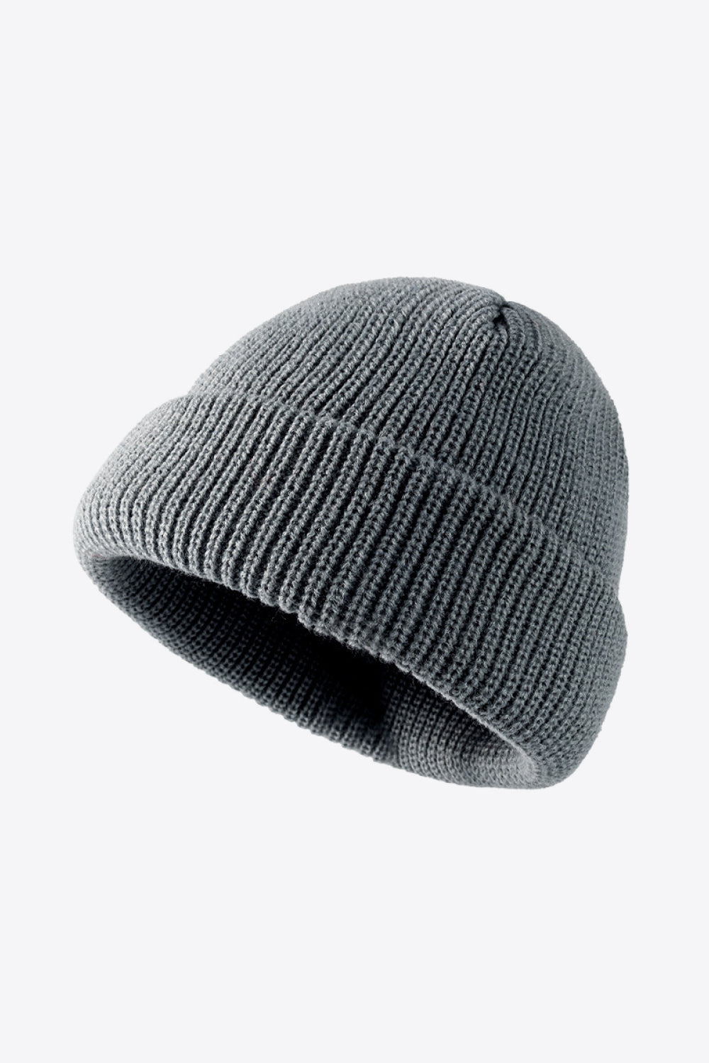 Gray ribbed knit beanie with folded edge detail