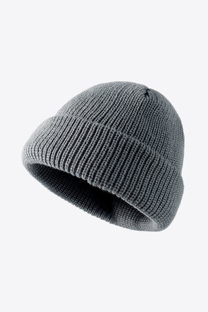 Gray ribbed knit beanie with folded edge detail