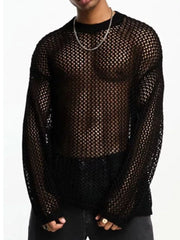 Men's black sheer mesh long sleeve tee with round neck and diamond pattern.