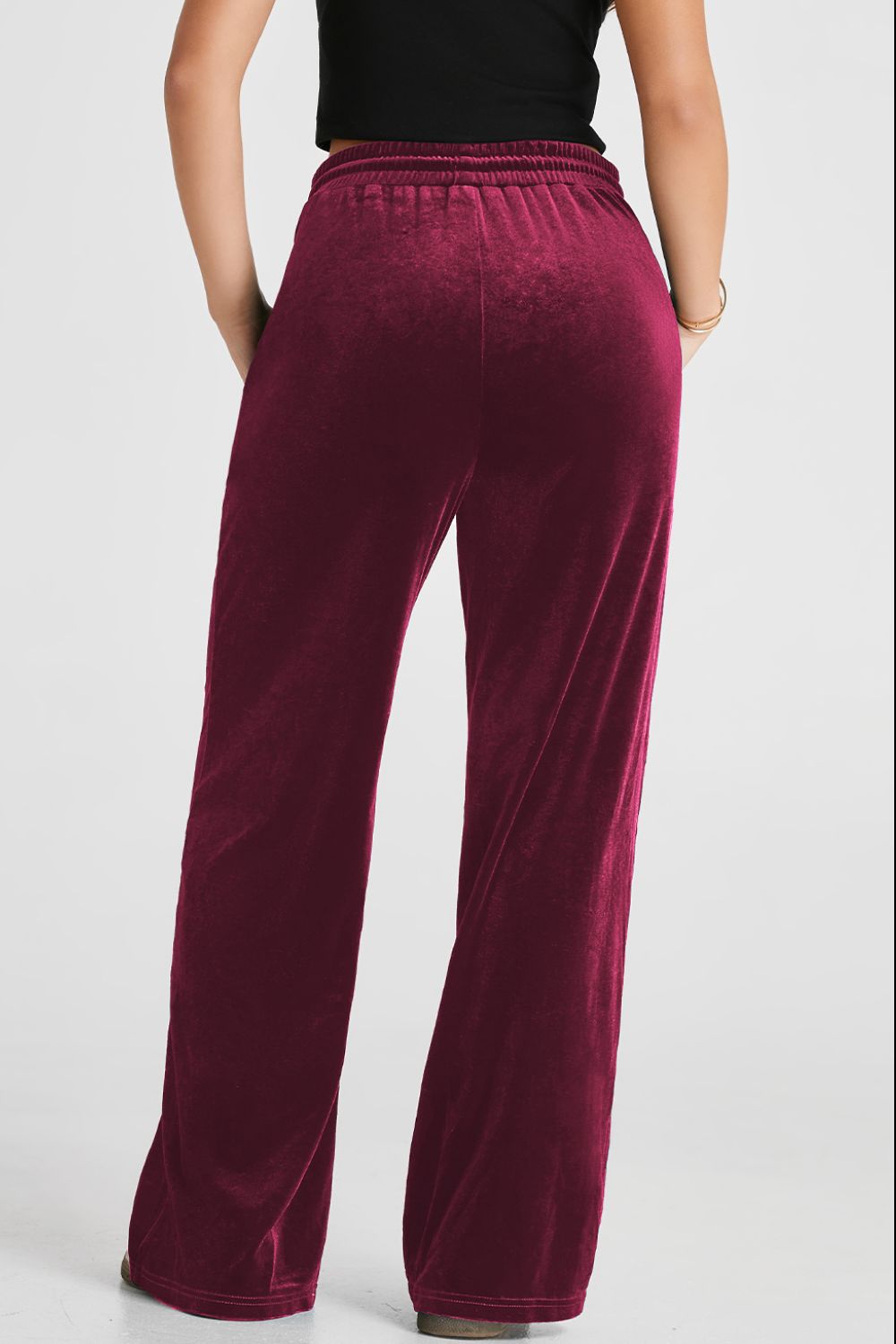 Burgundy velvet lounge wide-leg drawstring trousers with pockets