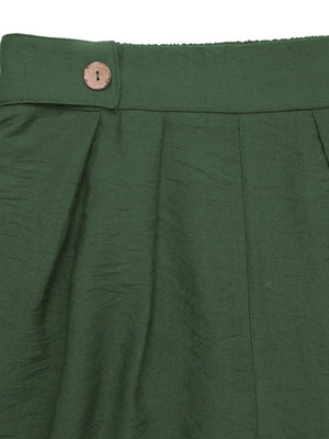 Dark green high-waisted pleated shorts with a single button detail at the waist.
