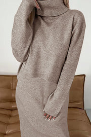 Cozy knit turtleneck sweater and midi skirt set in mocha, comfortable casual style