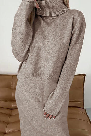 Cozy knit turtleneck sweater and midi skirt set in mocha, comfortable casual style