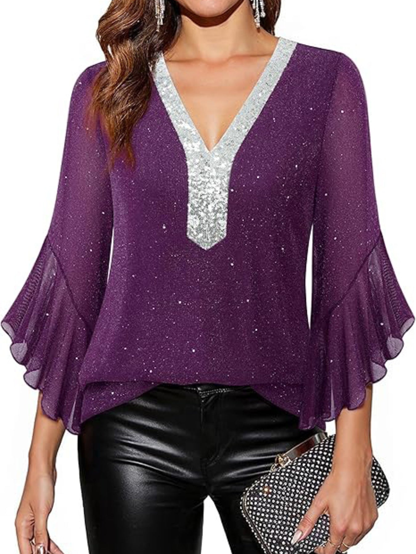 Purple sequin V-neck blouse with bell sleeves and glitter detail.