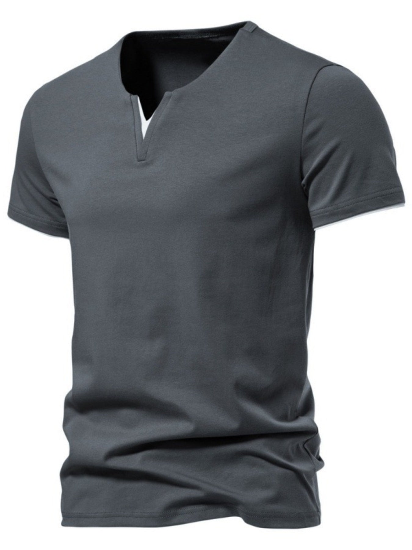 Men's dark gray cotton slim fit tee with notched V-neck and short sleeves.
