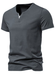 Men's dark gray cotton slim fit tee with notched V-neck and short sleeves.