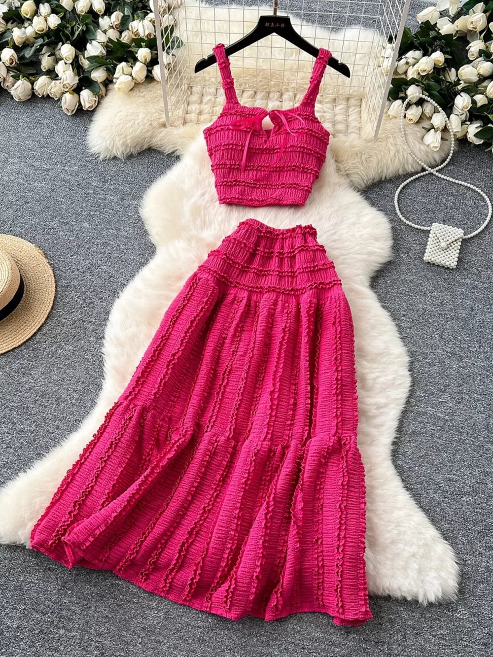 Rose Red ruched crop top and maxi skirt set with tie front and tiered skirt.