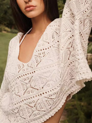 Openwork Hooded Knit Top And Shorts Set in Apricot, front view