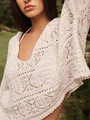 Openwork Hooded Knit Top And Shorts Set in Apricot, front view