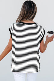 Black and white striped t-shirt with cap sleeves and a black neckline.