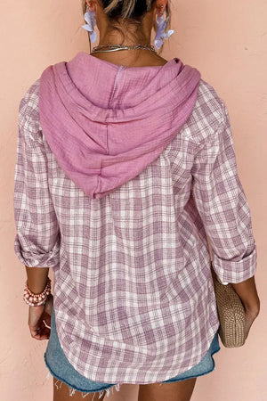Plaid hooded shirt jacket in dusty pink and white cotton with drawstrings.