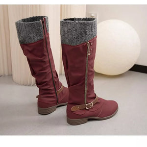 Burgundy suede slouch knee-high boots with knit cuff and side zipper detail.