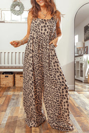Chic leopard print wide-leg cotton jumpsuit with pockets.