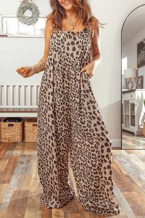 Chic leopard print wide-leg cotton jumpsuit with pockets.