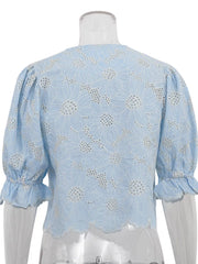Charming Floral Embroidery Puff Sleeve Shirt