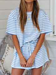 Blue and white striped tee and drawstring shorts set with tassel detail.