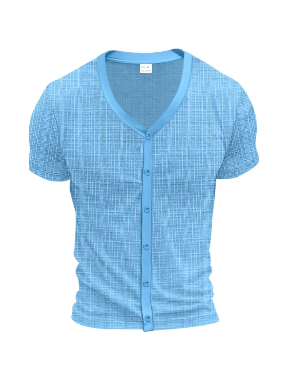 Light blue V-neck short sleeve button-down undershirt with textured pattern