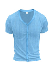 Light blue V-neck short sleeve button-down undershirt with textured pattern