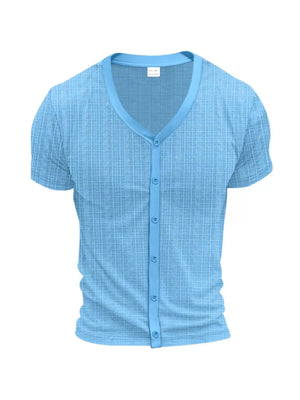 Light blue V-neck short sleeve button-down undershirt with textured pattern